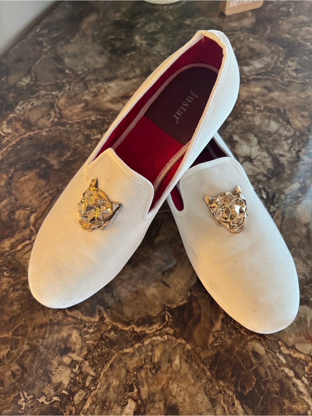 Justar Cream Velvet Slip-On Loafers with Gold Cat Emblem
